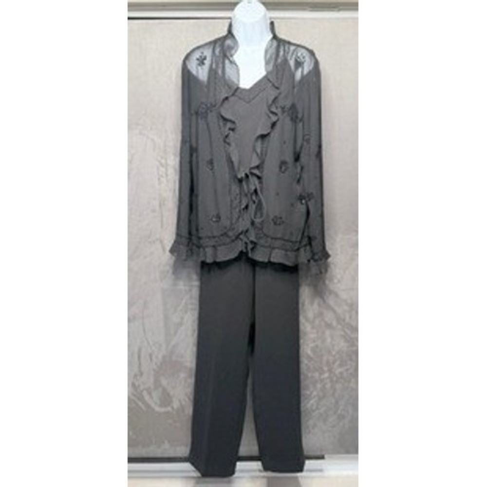 Coldwater Creek 3-Piece Pant Set Womens 12 Black Beaded Sheer Ruffle Formal